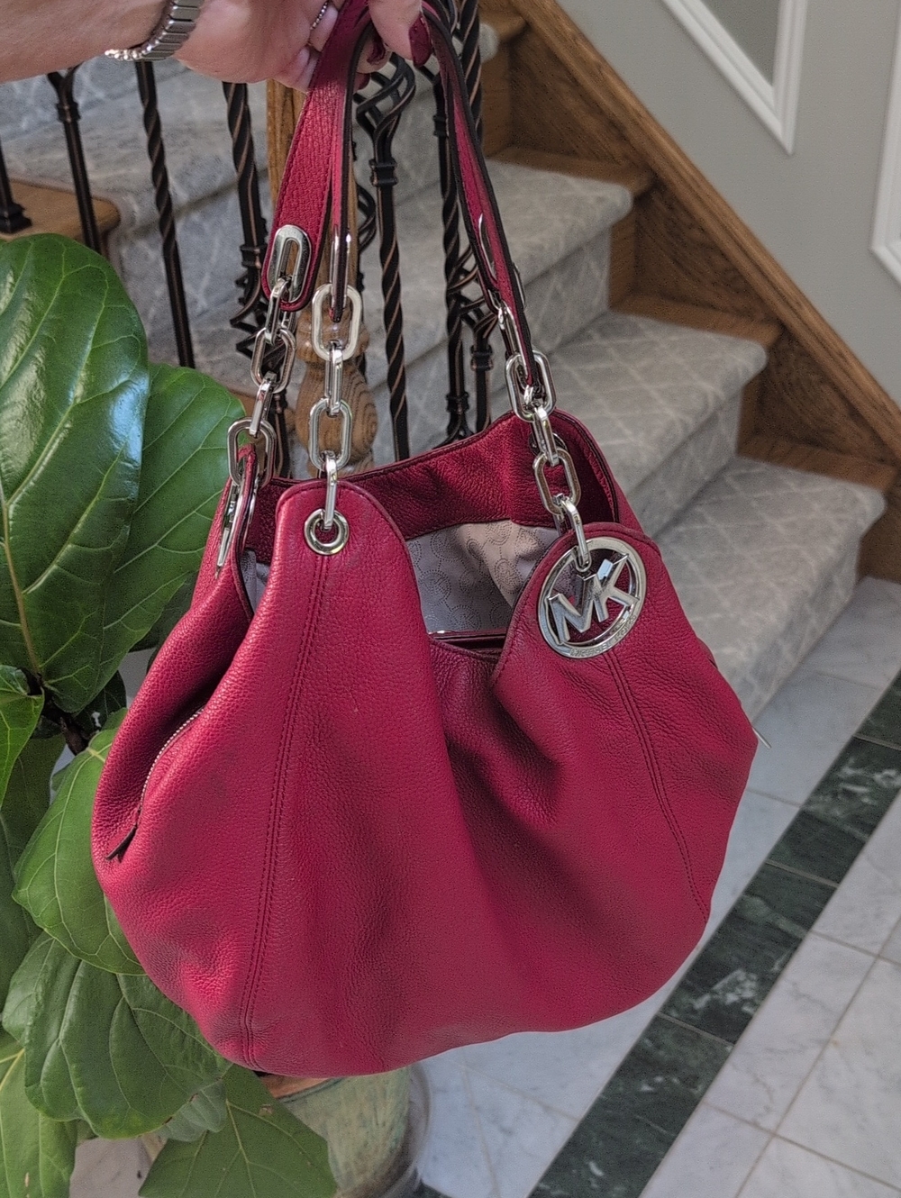 Michael Kors Red Leather Shoulder Bag with Silver Hardware. 3 Large Compartments